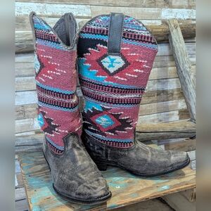 Roper Sioux Rub Off Brown Leather W Aztec Blanket Shaft Vamp Cowboy Boots